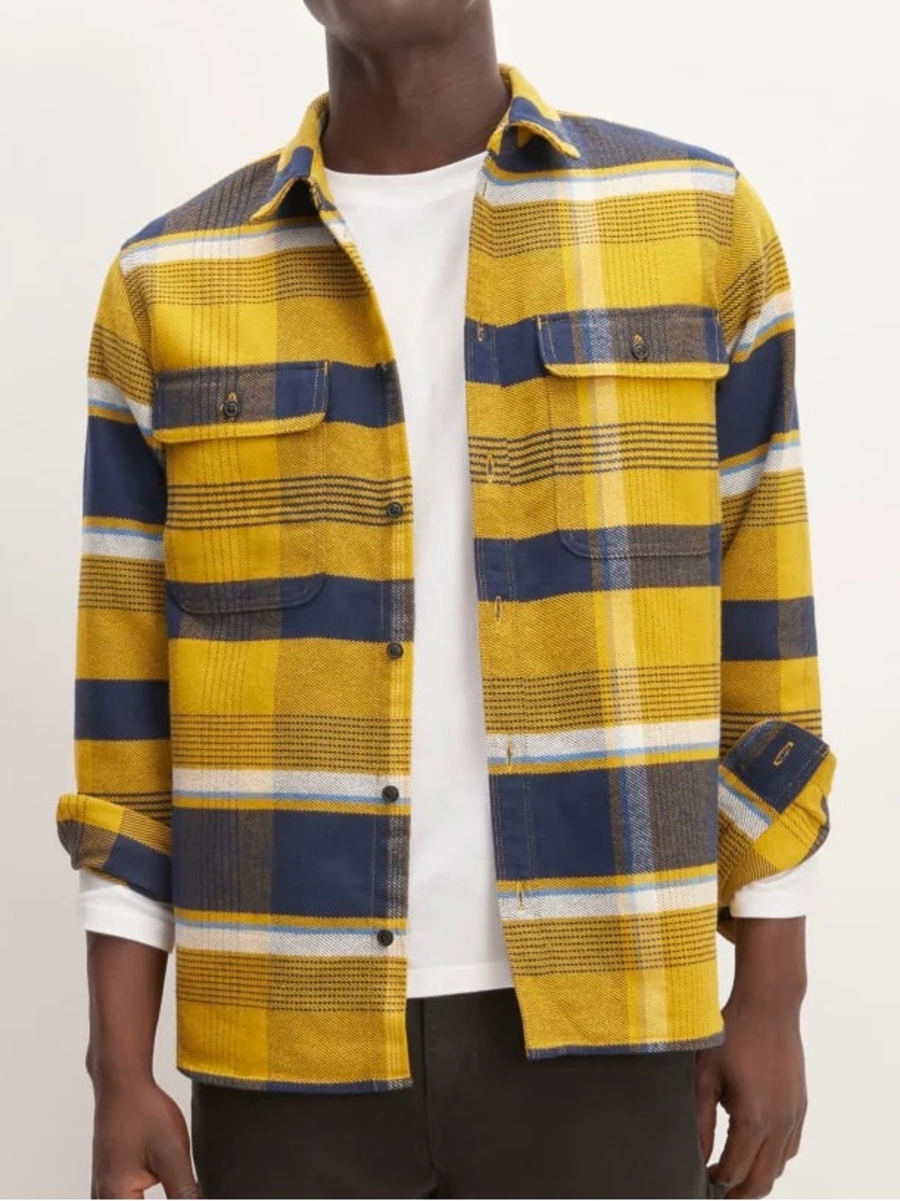 Everlane Heavyweight Overshirt Honey Heritage Blue Yellow Plaid Cotton Shirt